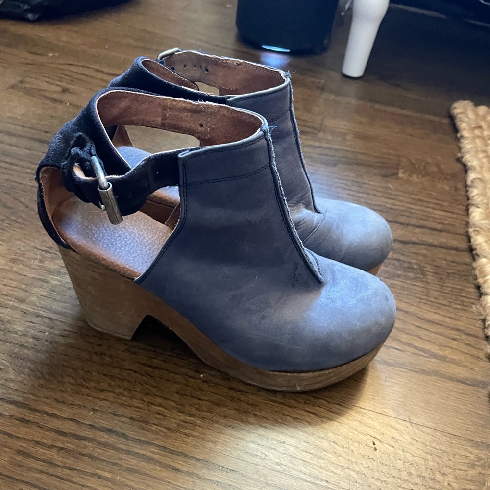 Free People  Blue Leather Black Suede Clogs